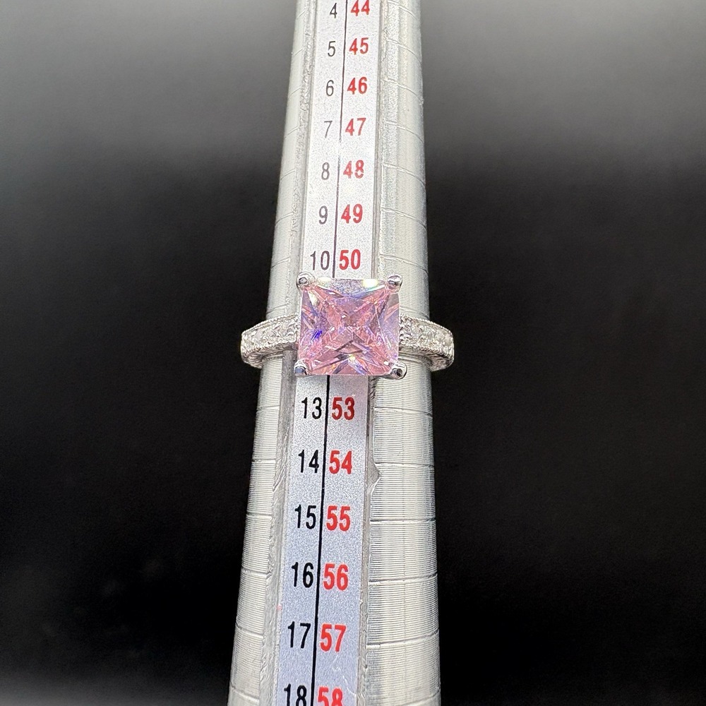 Pink Princess Cut Halo Ring Sterling Silver .925 Size 6 Pavé Band 4.11g